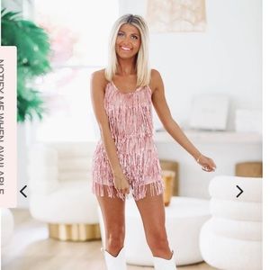 Hazel and Olive Front Stage Sequin
Fringe Romper - pink
